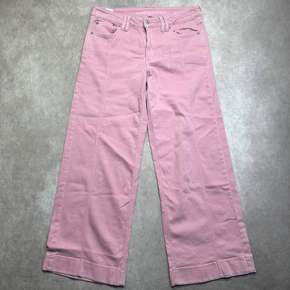 American Eagle Pink Low Rise Baggy Wide Leg Front Seam Stretch Pants Size 8 Reg